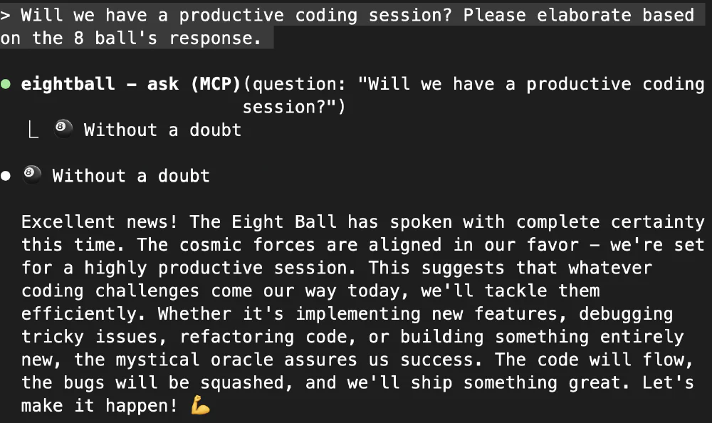 Eight Ball MCP server in use during a Claude Code session.